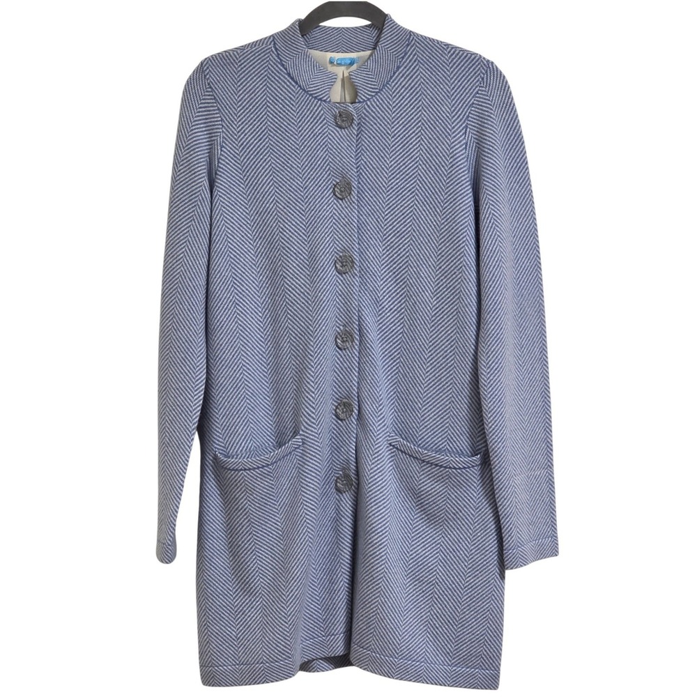 J Mclaughlin Cashmere Herringbone Knit Coat Womens Medium Blue Button Front READ